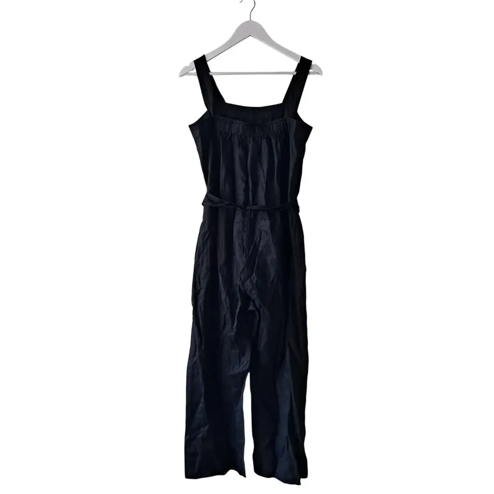 NWT Quince European Linen Square Neck Sleeveless Jumpsuit Black Women's Size S